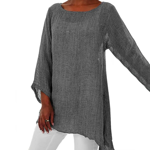 Hot Blouse Women Solid Color Cotton Linen O-Neck Long Sleeve Irregular Tunic Top Spring Summer Oversized Shirts