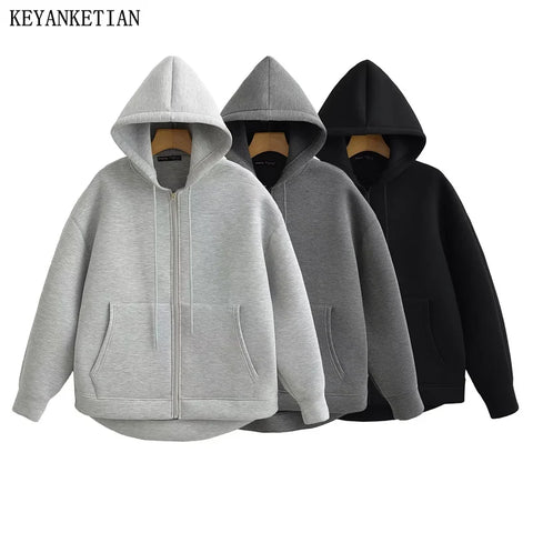 KEYANKETIAN Winter New Women's Zipper Hoodie High Street Unisex style Double Pockets Oversize Loose Sweatshirts Outerwear Top