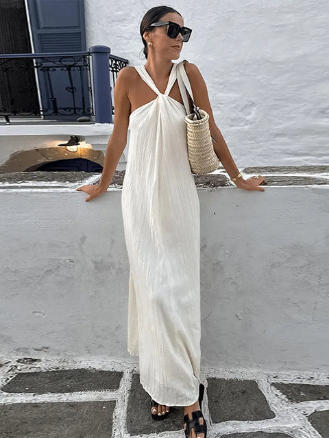 Sexy White Off Shoulder Halter Pleated Maxi Dress Fashion Sleeveless Loose Dresses Summer 2024 Ladies High Streetwear Vestidos