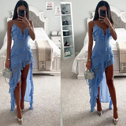 Holiday Maxi Midi Ruffles Beach Dress 2024 New Fashion Solid Color A-line Midi Dress Summer Sexy Strap Irregular Dress