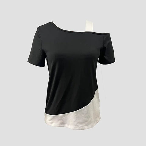 Chic Color Blocking Short Sleeved Women Solid Color Off Shoulder Asymmetric T-Shirt Female Summer Casual Tops